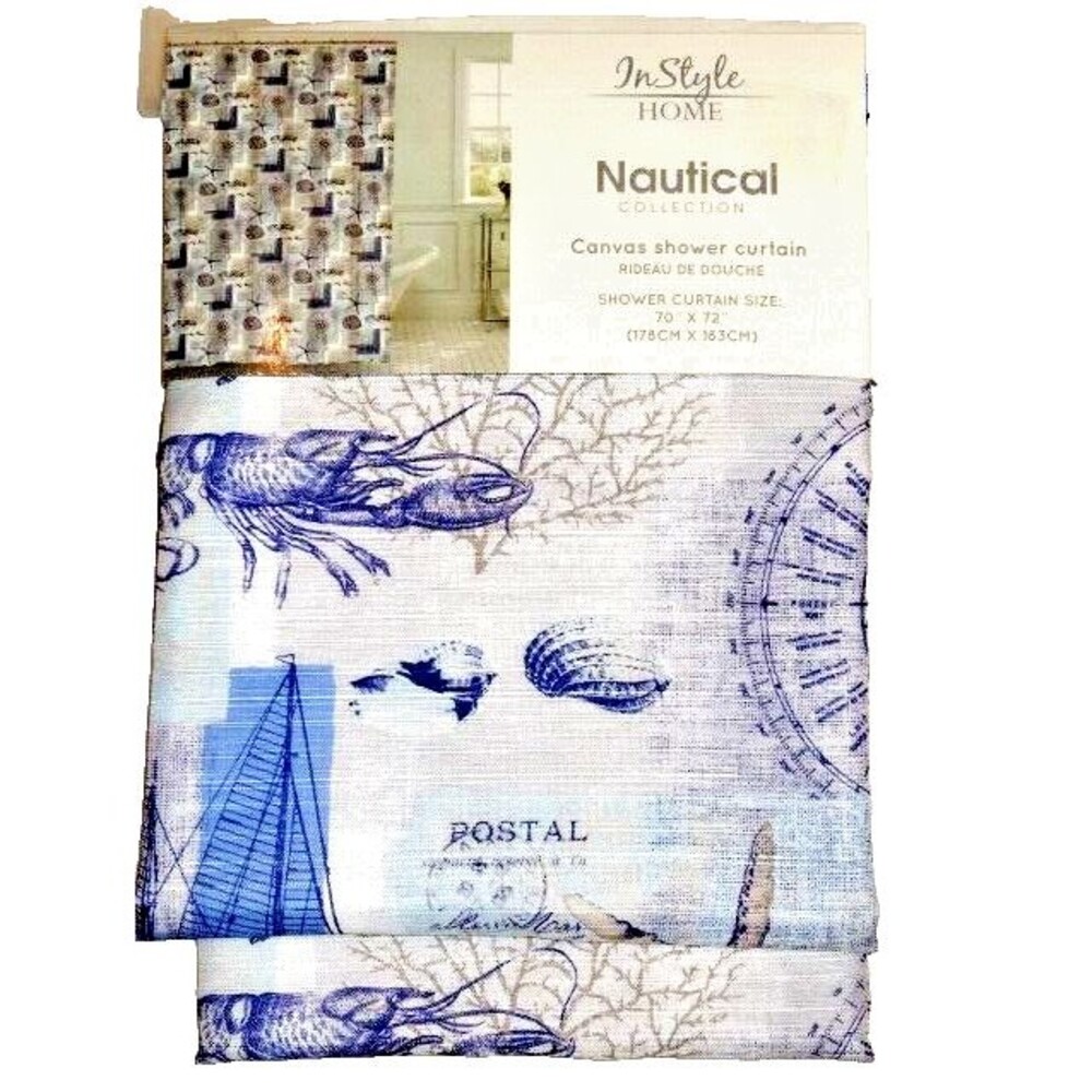 Nautical Postcard Fabric Shower Curtain Sailing Ship Lobster Sealife Blue White